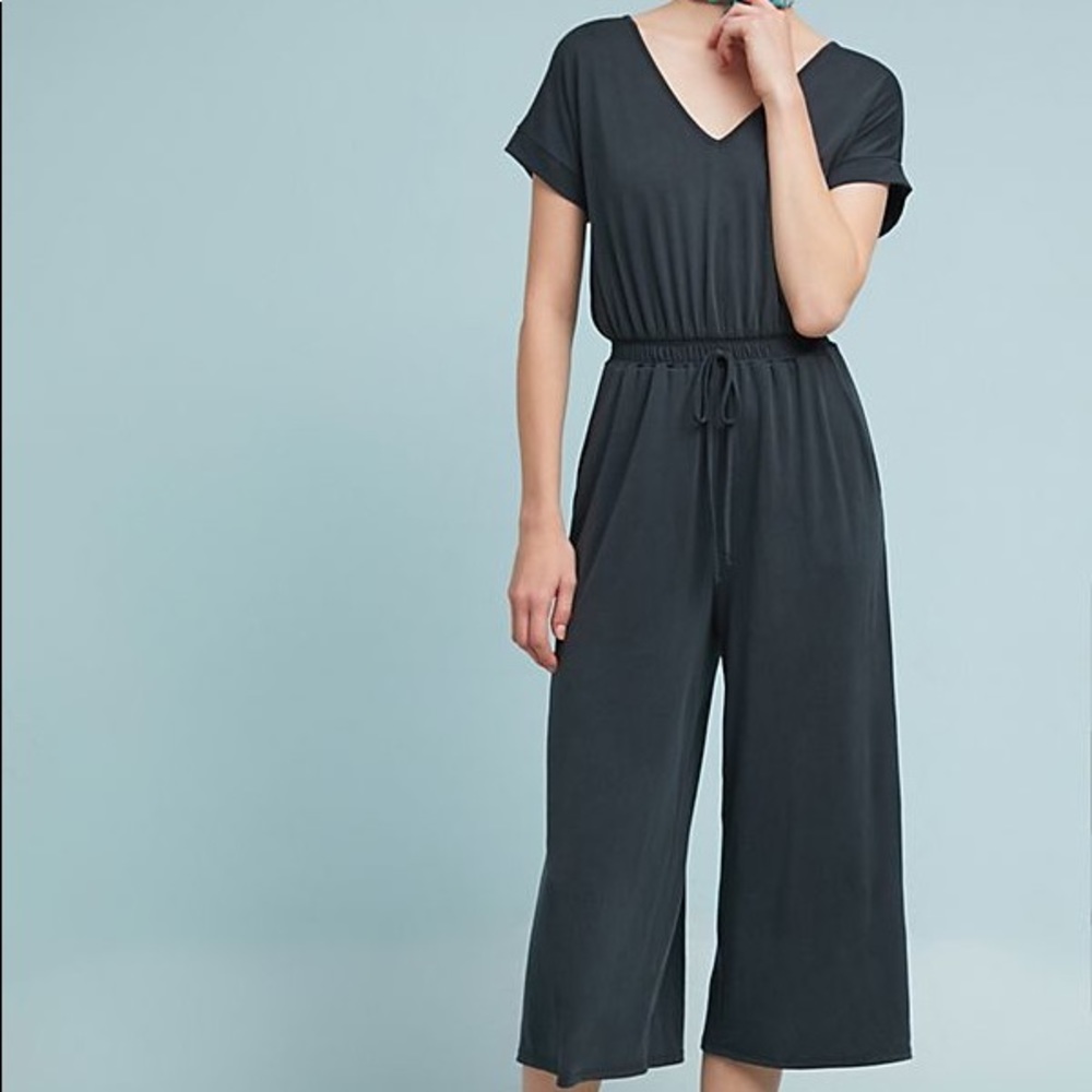 Anthropologie Navy V-Neck Eden Waisted Jumpsuit